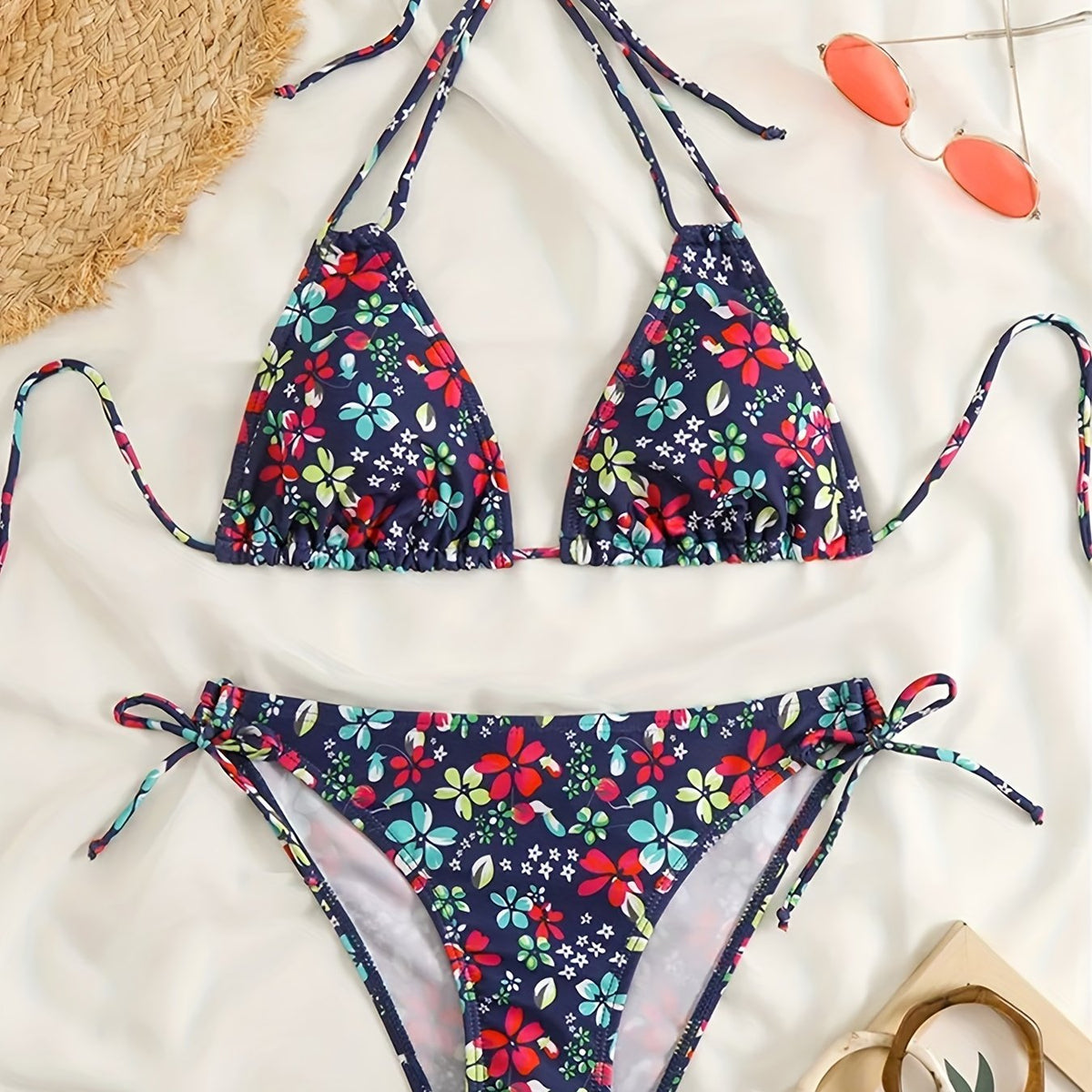 Sunset Bloom 2-Piece Triangle Bikini Set for Women – Vibrant Random Floral Print Halter Neck Swimsuit with Tie-Back Tie-Side Bottoms &amp; High Cut Legs – Women&
