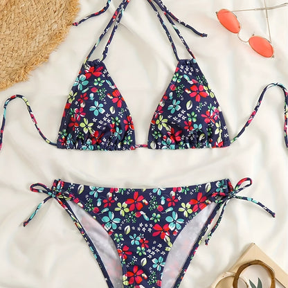Sunset Bloom 2-Piece Triangle Bikini Set for Women – Vibrant Random Floral Print Halter Neck Swimsuit with Tie-Back Tie-Side Bottoms &amp; High Cut Legs – Women&