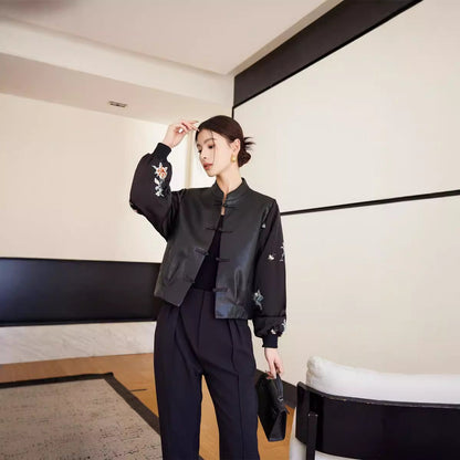 New Chinese Style Stitching Leather Coat Women&