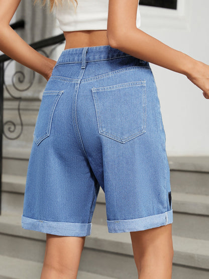 Heart-Pattern Rolled Hem Denim Shorts