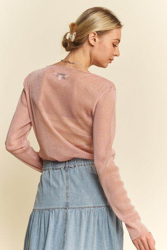 Davi &amp; Dani Glitter Mesh Lettuce Hem Long Sleeve Top Women