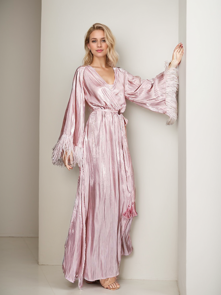 Luxury Feather-Trimmed Satin Robe - Elegant Full-Length Lounge &amp; Bridal Wear