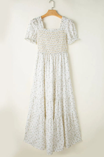 Floral Smocked Short Puff Sleeve Maxi Dress