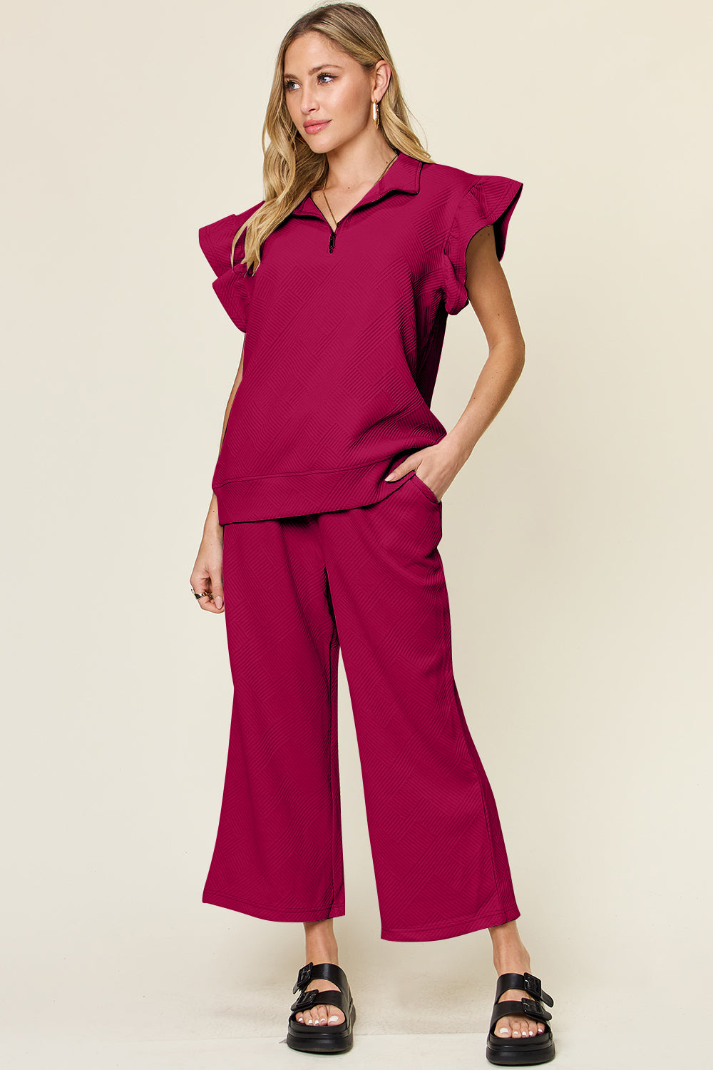 Textured Ruffle Top &amp; Drawstring Wide Leg Pants Set