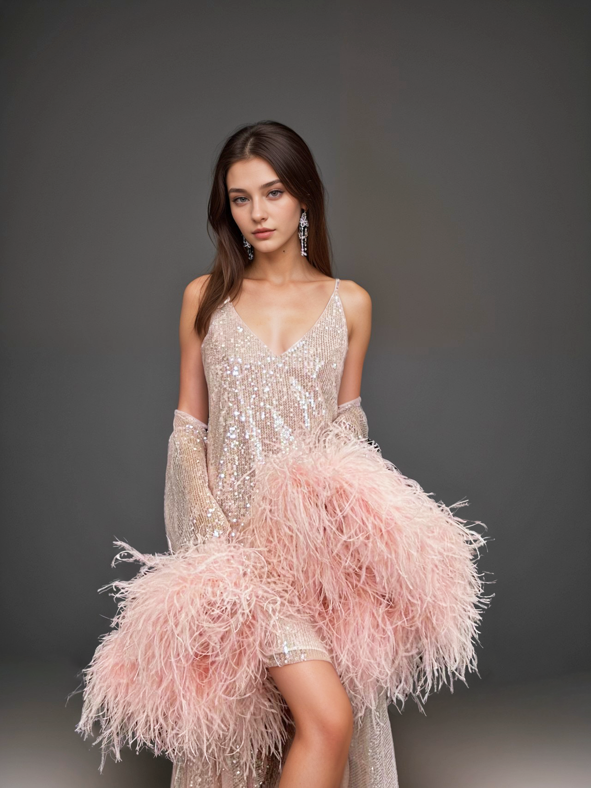 Ostrich Feather sequin mesh long robe dress with nightgown pink ivory-next day shipping