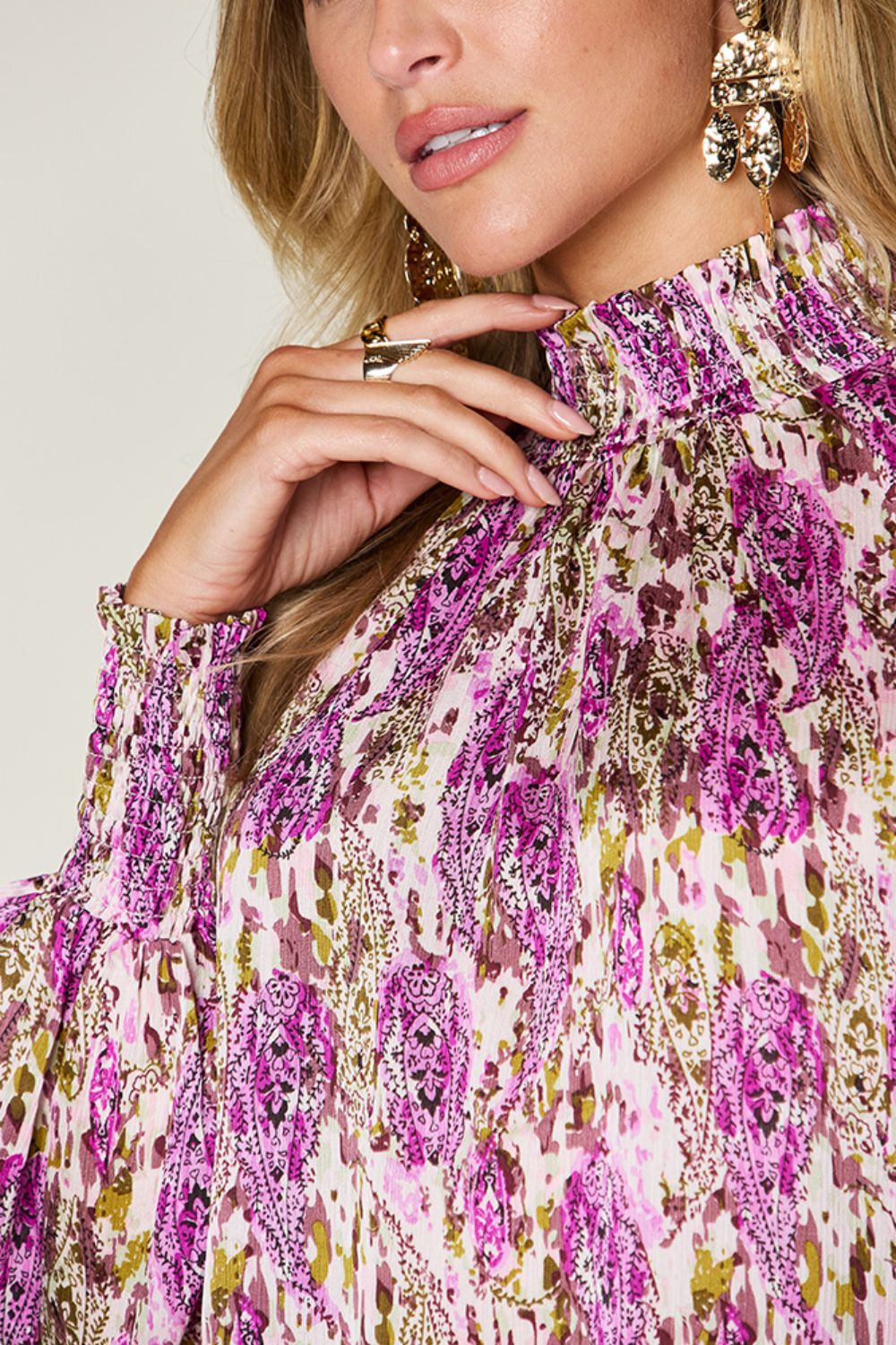 Semi-Sheer Smocked Top with Long Sleeves &amp; Frills