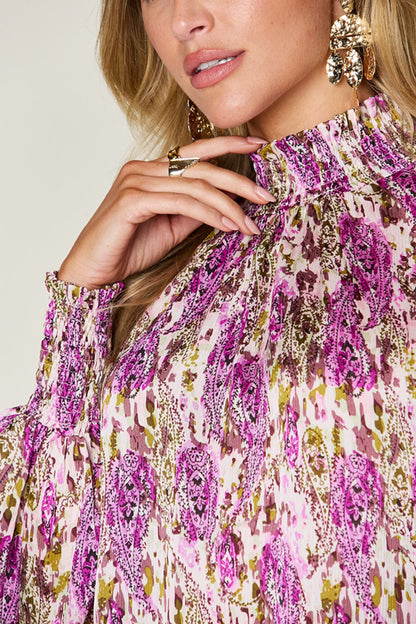 Semi-Sheer Smocked Top with Long Sleeves &amp; Frills