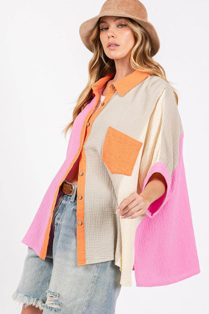SAGE + FIG Full Size Color Block Button-Down Shirt for Women