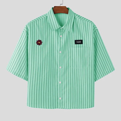 Loose-fitting Cropped Mens Striped Short-sleeve Shirt