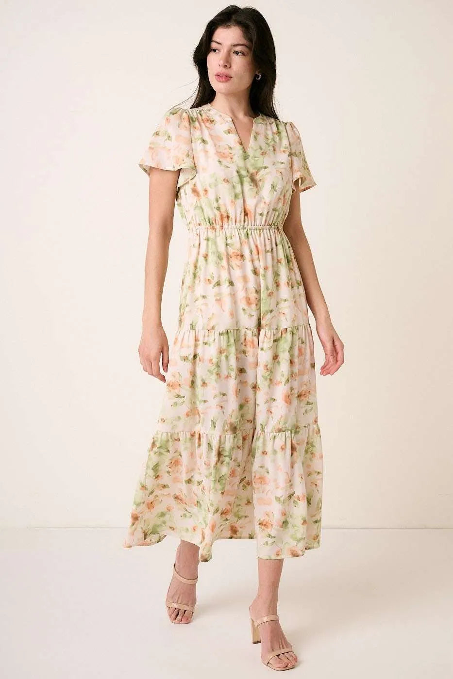 Mittoshop Flower Print Flutter Sleeve V Slit Maxi Dress