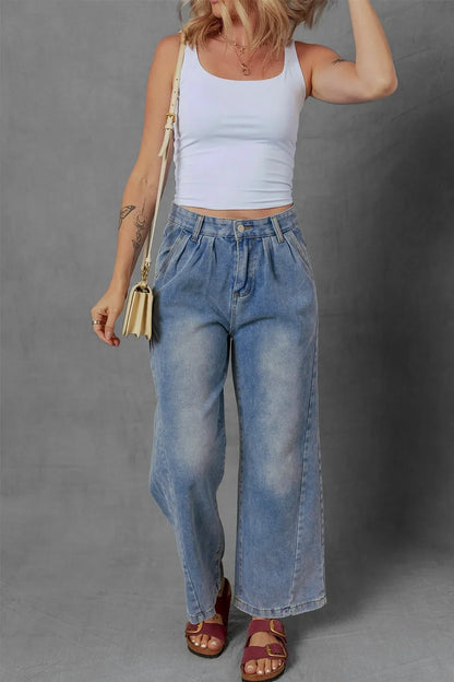 High-Waist Wide Leg Pleated Denim Jeans