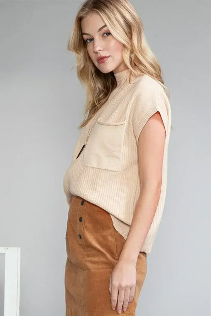 Mineral Red Patch Pocket Ribbed Knit Short Sleeve Sweater