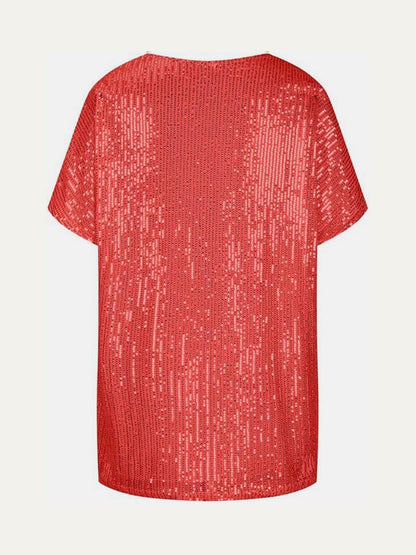 Full Size Sequin V-Neck Short Sleeve Top for Women