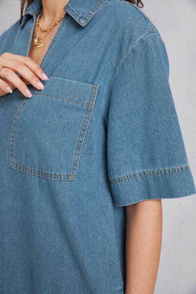 Stylish Pocketed Collared Neck Mini Denim Dress for Women