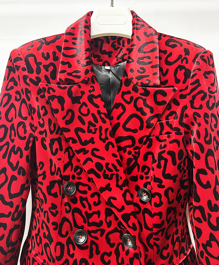 Leopard Print Double Breasted Blazer &amp; Midi Pencil Skirt 2-Piece Suit Set