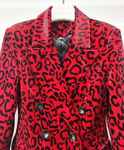 Leopard Print Double Breasted Blazer &amp; Midi Pencil Skirt 2-Piece Suit Set