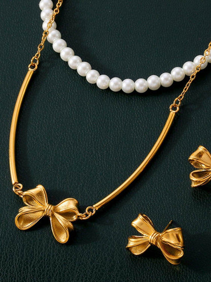 3 Piece Pearl Necklace Bow Necklace and Stud Earrings Set