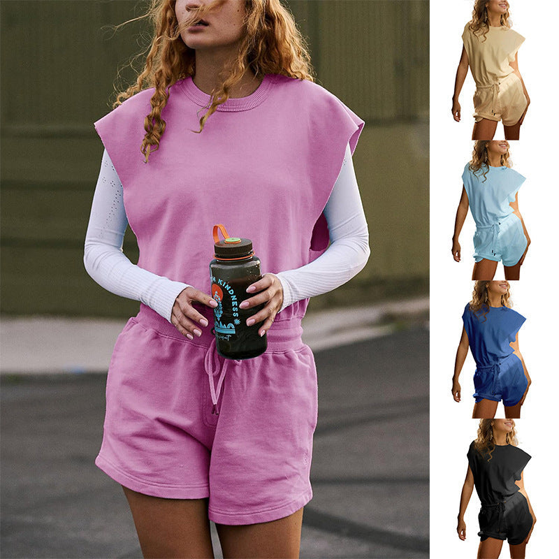 Summer Backless Drawstring Shorts Jumpsuit