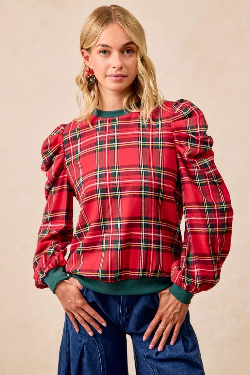 BiBi Christmas Plaid Exaggerated Shoulder Sleeves Top