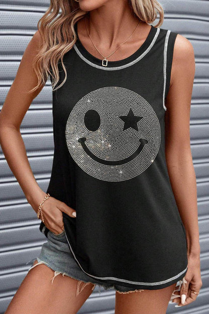 Rhinestone Smile Face Round Neck Tank Top for Women