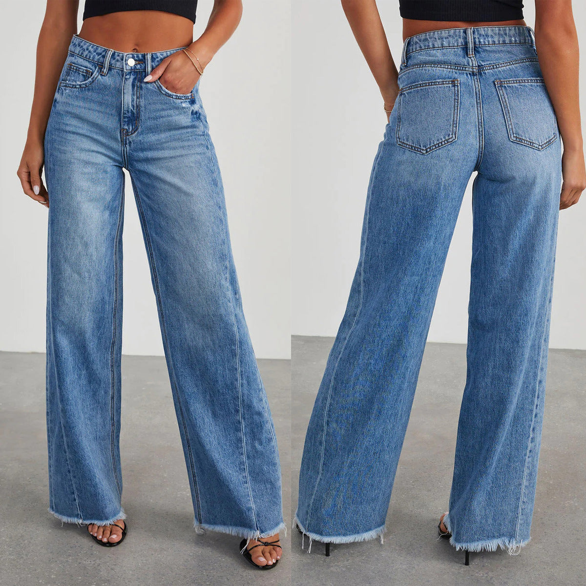 Europe And The United States Cross-border New Amazon Loose Wide Leg Side Stitching Framed Hem Jeans Women&