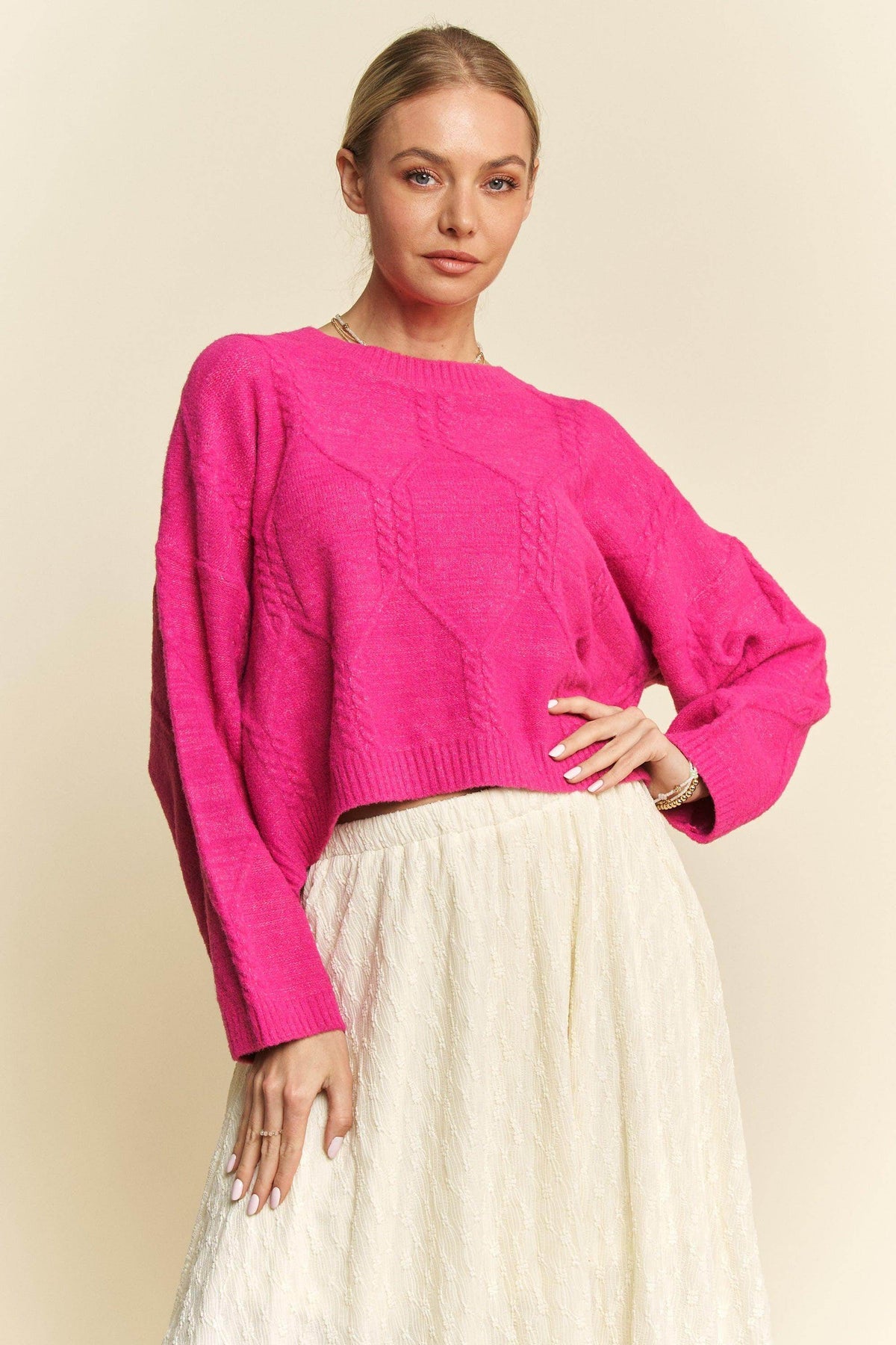 Davi &amp; Dani Diamond Cable Pattern Drop Shoulder Sweater