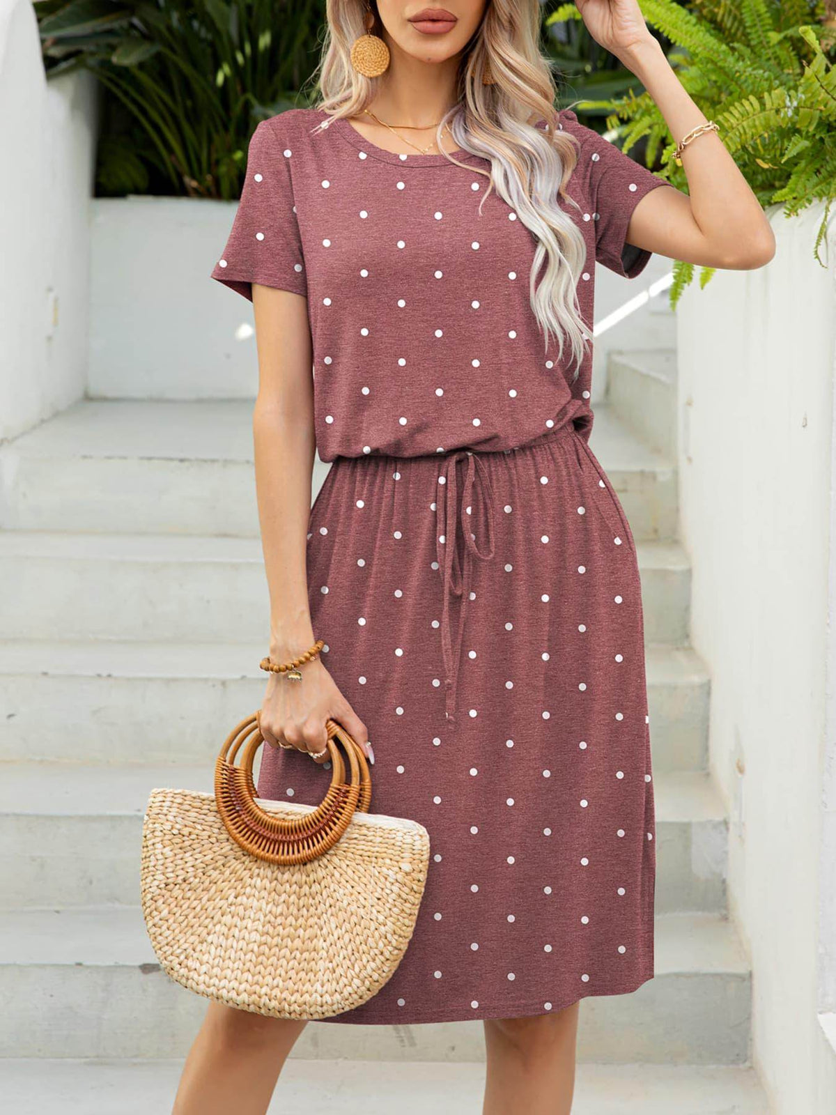 Round Neck Short Sleeve Slit Dress with Pockets for Women