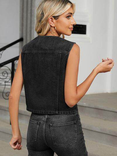 V-Neck Button Down Denim Vest for Effortless Style