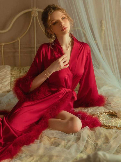 Elegant Satin Feather-Trimmed Robe &amp; Nightdress Set - Luxury Bridal &amp; Lounge Wear