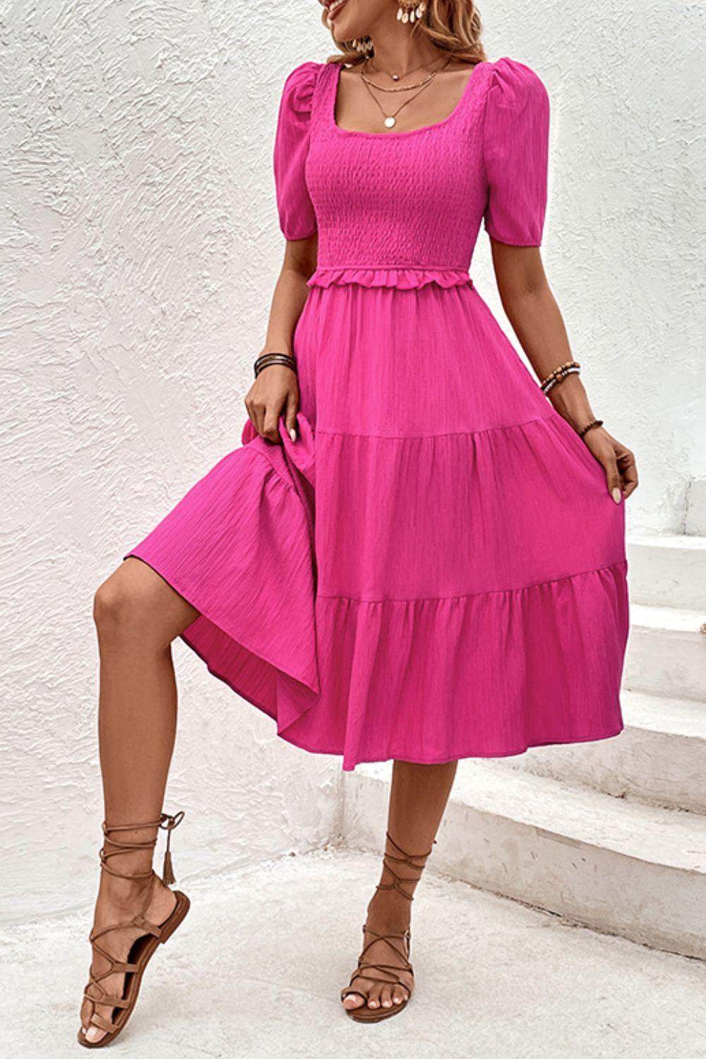 Perfee Square Neck Puff Sleeve Cutout Dress for Women