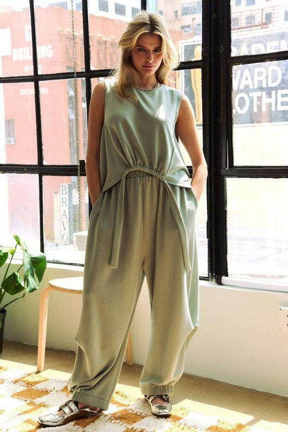 Davi &amp; Dani Drawstring Hem Round Neck Tank and Pants Set