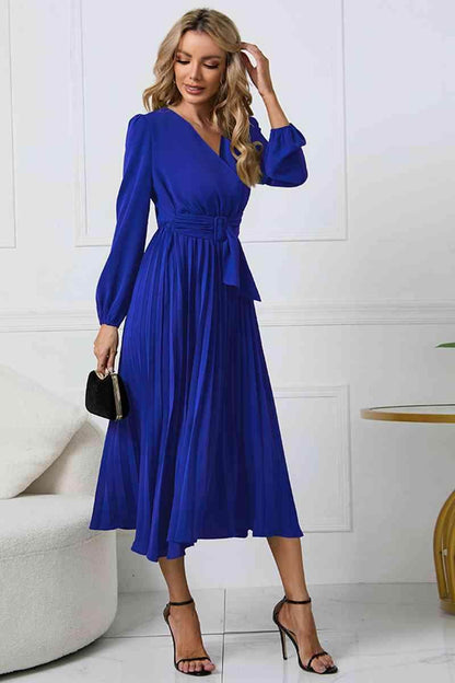 V-Neck Long Sleeve Tie Waist Midi Dress for Women
