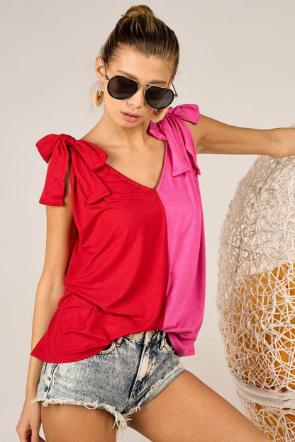 BiBi Shoulder Ribbon Tied Contrast Tank for Stylish Look