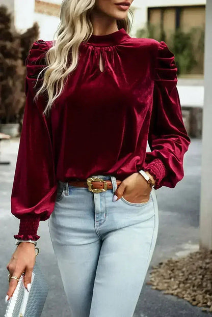 Fiery Red Velvet Blouse - Mock Neck &amp; Puff Sleeves | Femstylo