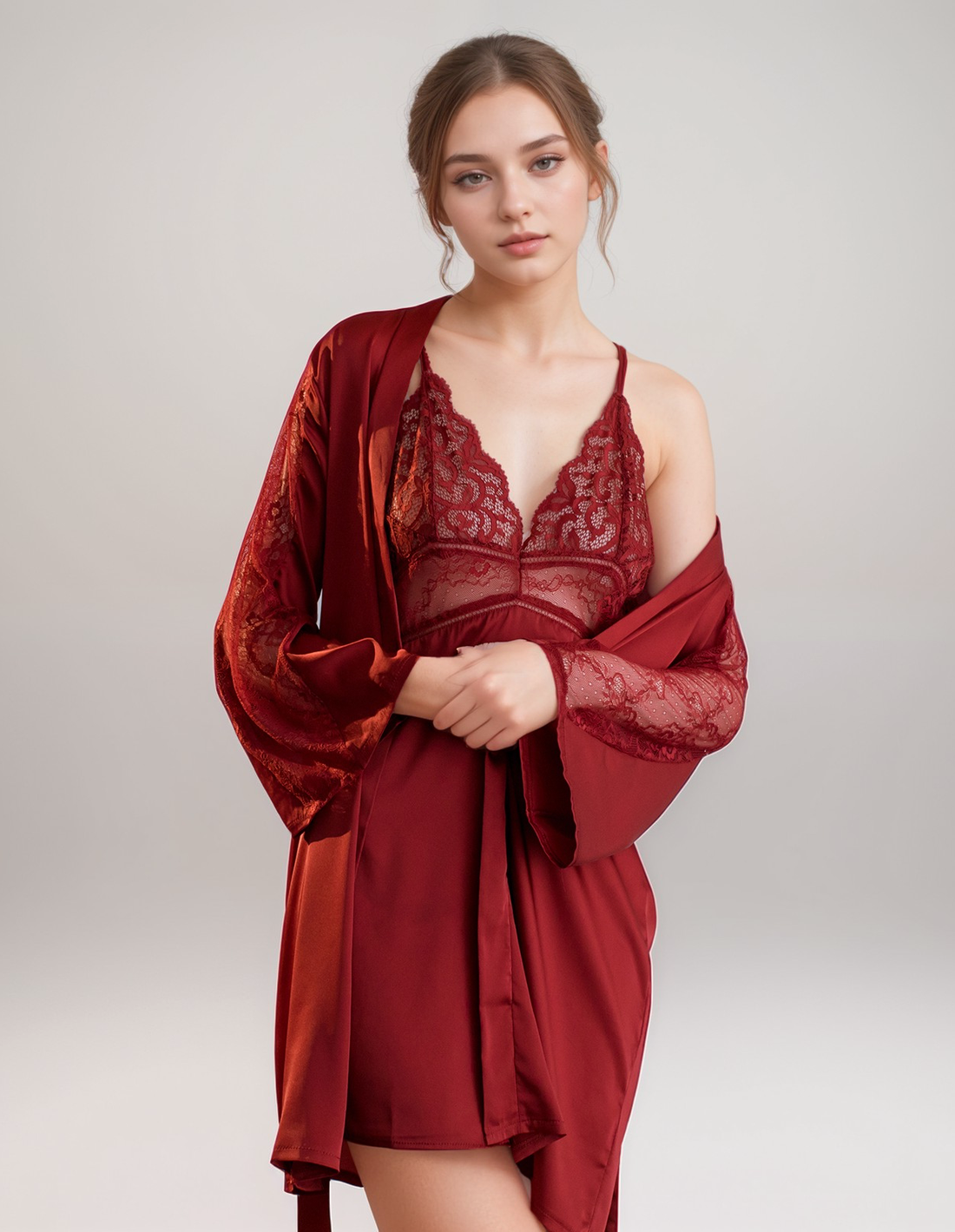 Luxurious Lace Satin Bridal Lingerie Set with Nightgown &amp; Robe - 7 Colors Next Day Shipping
