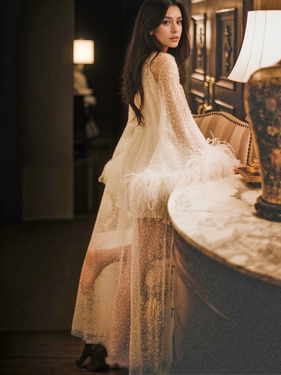 Ostrich Feather sequin mesh long robe dress with nightgown pink ivory-next day shipping