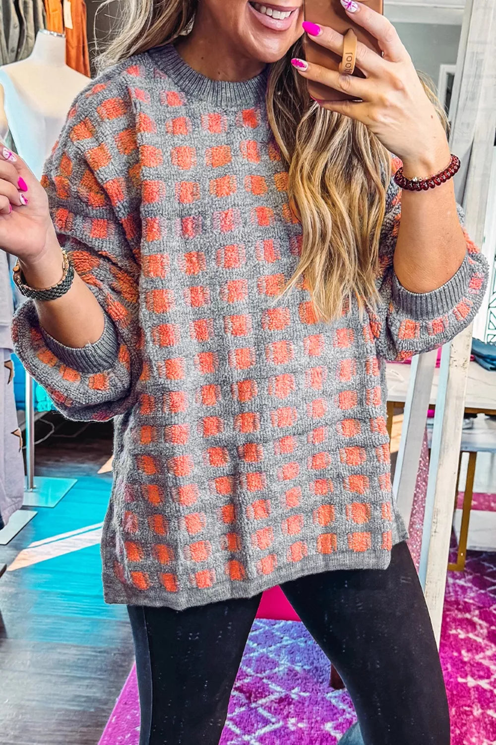 Plaid Round Neck Dropped Shoulder Sweater