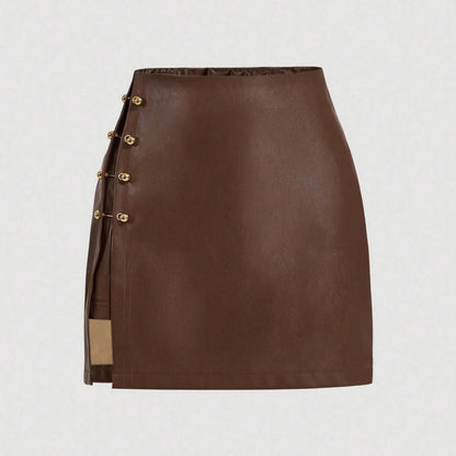 Womens Solid-Color Faux Leather Mini Skirt With Metal Buttons