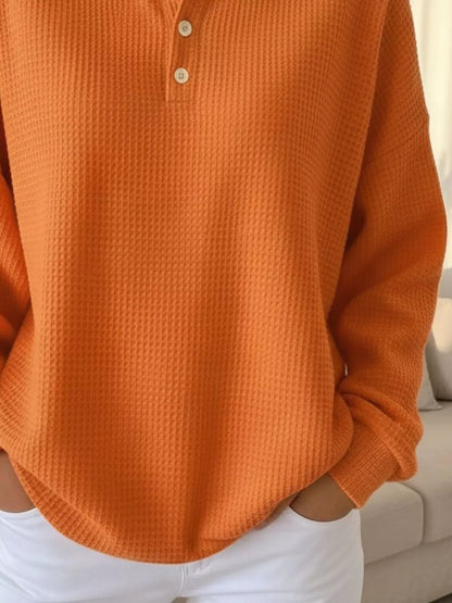 Full Size Waffle Knit Button Detail Sweatshirt Plus Size