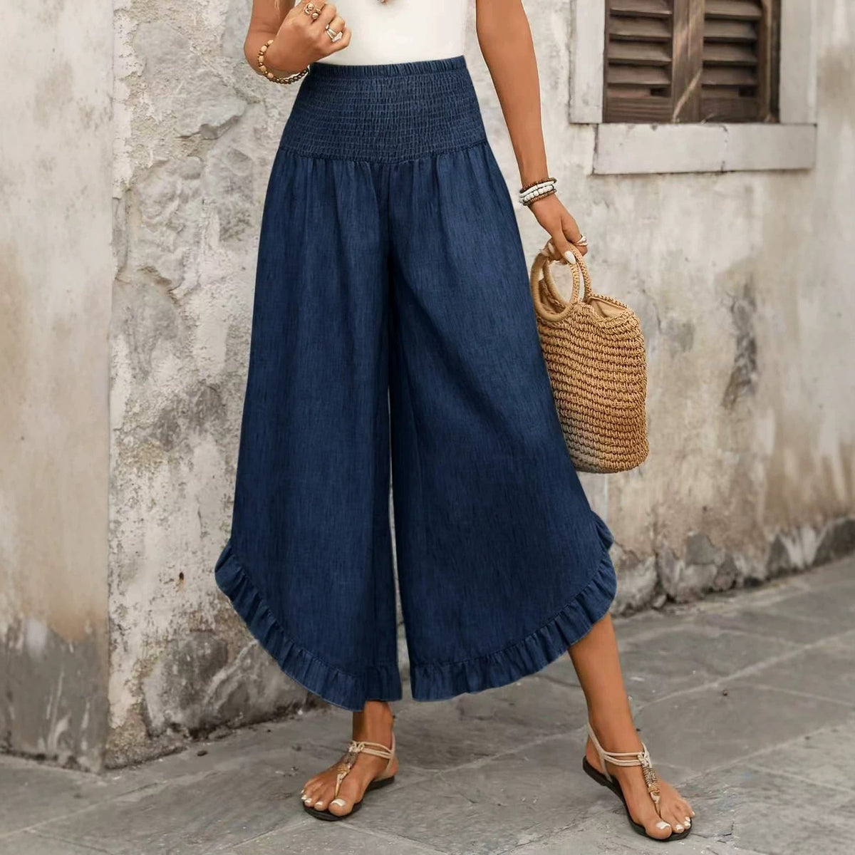Solid-color Loose-fit, Ruched Elastic-waist Cropped Wide-leg Pants