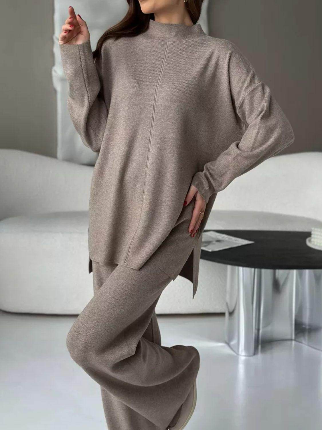 Slit Mock Neck Top and Pants Sweater Set for Women