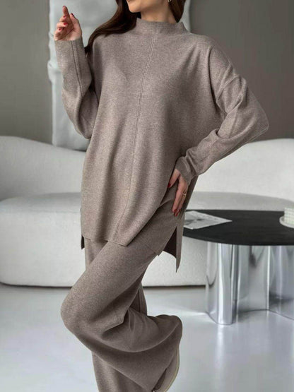 Slit Mock Neck Top and Pants Sweater Set for Women