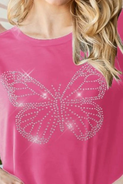 Heimish Full Size Rhinestone Butterfly Round Neck Short Sleeve T-Shirt Plus Size