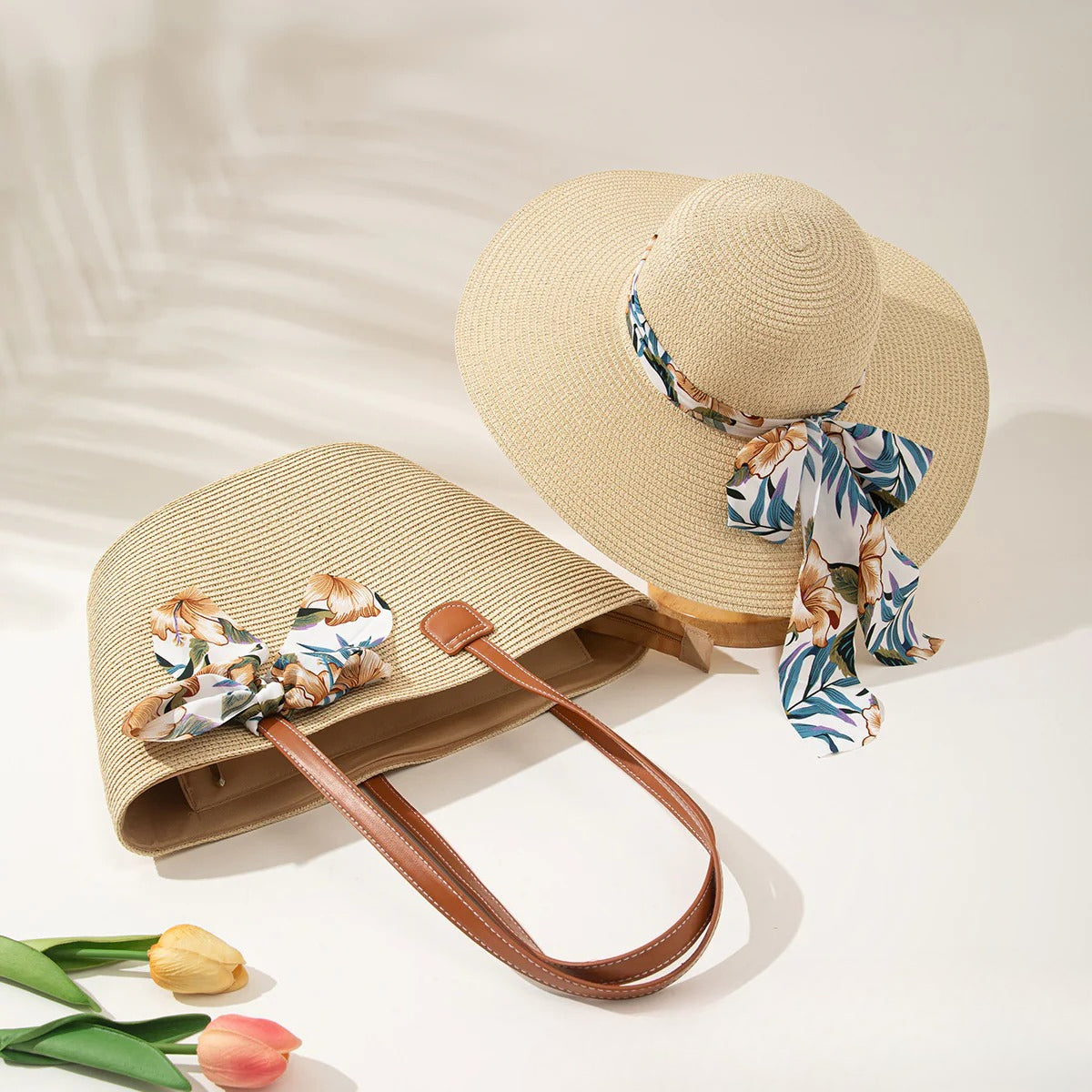 Straw Hat &amp; Tote Set – Beach Vacation Sun Protection Duo, Large Capacity Travel Tote
