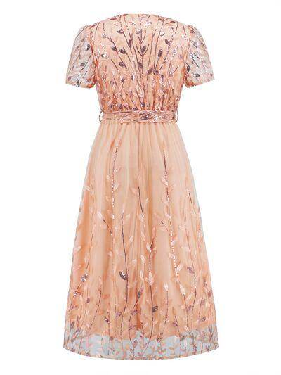 Sequin Leaf Embroidery Tie Front Short Sleeve Dress for Women