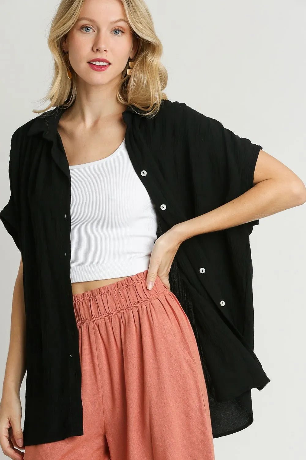Umgee Full Size Textured Button Down Short Sleeve Shirt Plus Size