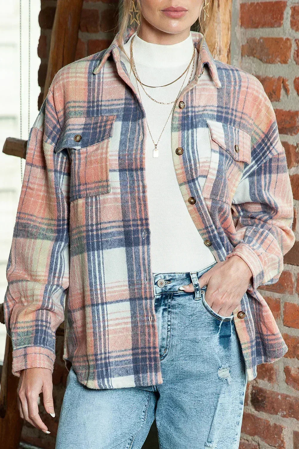 Pink &amp; Grey Button Up Plaid Flannel Shacket – Femstylo