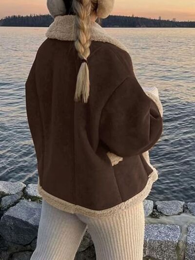 Fuzzy Collared Neck Long Sleeve Jacket with Buttoned Closure and Cozy Pockets