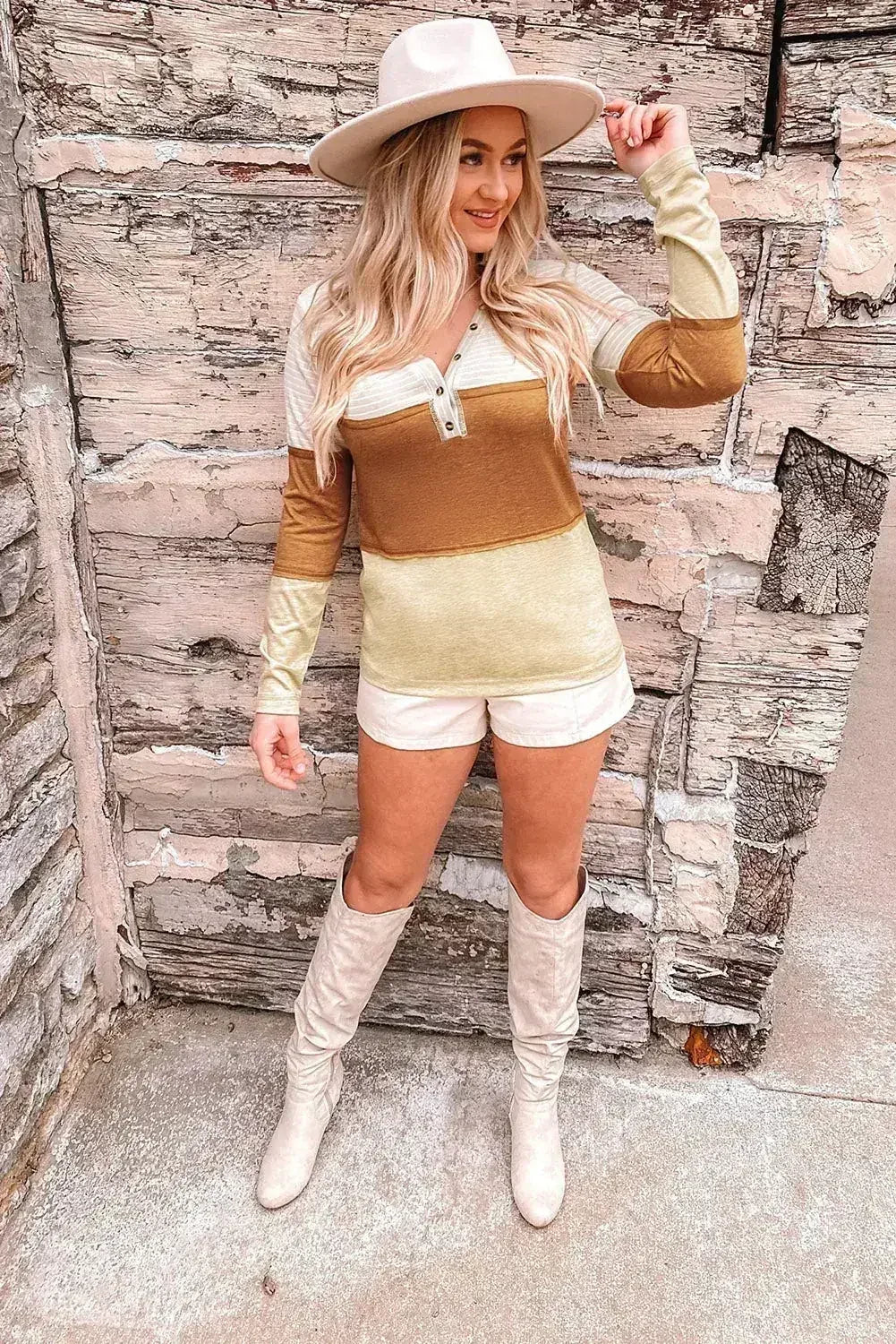 Orange Color Block Henley Top - Striped V-Neck Knit | Femstylo