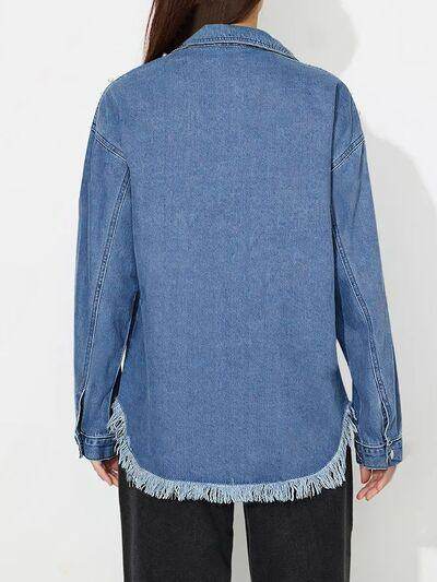 Raw Hem Pearl Trim Collared Neck Denim Top for Women